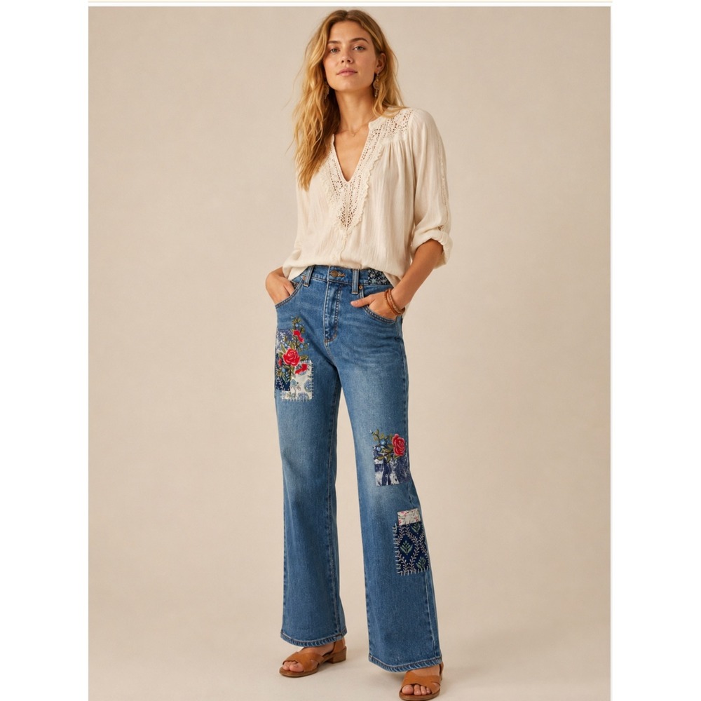 Sundance Elise Patchwork Jeans 29 Floral Embroidered Straight Boho Cottagecore